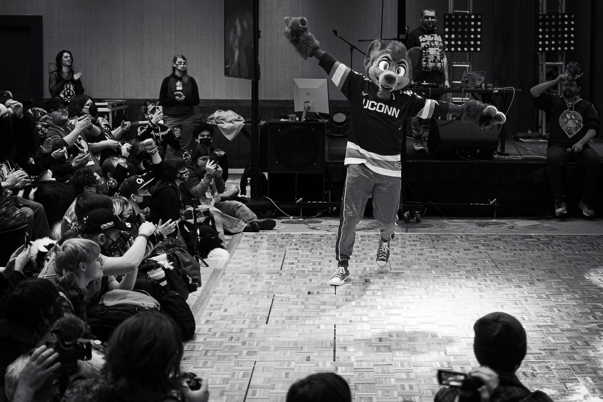 A fursuiter in a uconn jersey dancing in front of a crowd